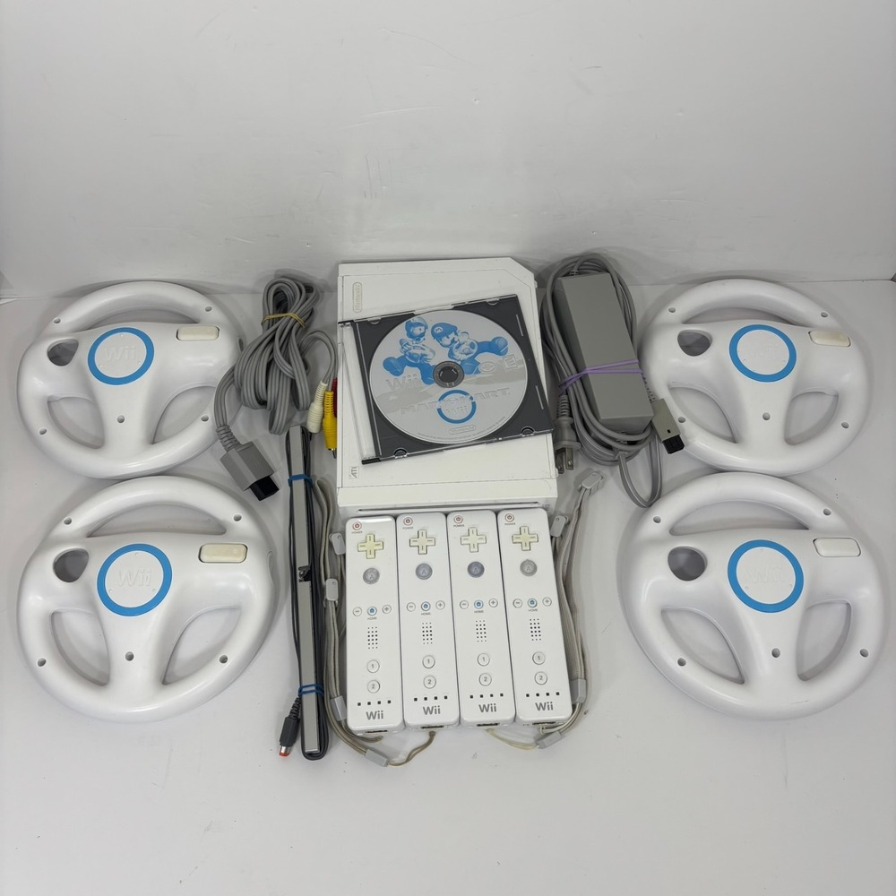 Mario Kart Wii Console Bundle with 4 Controllers Steering Wheels & Game - TESTED